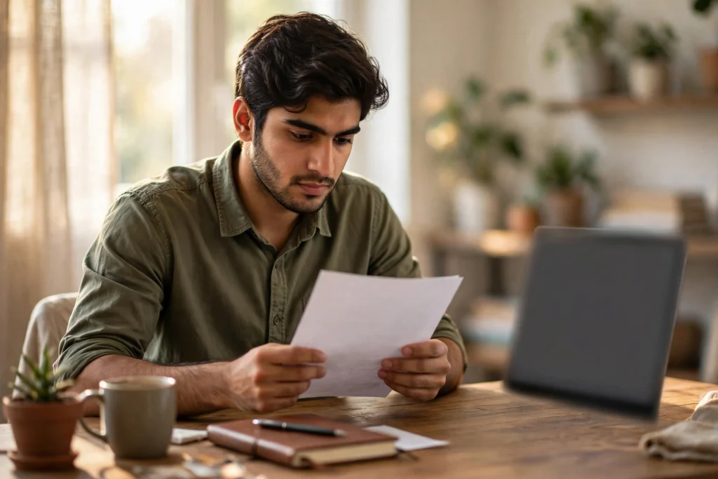 CV writing guide Pakistan – young professional reviewing a printed resume at a desk