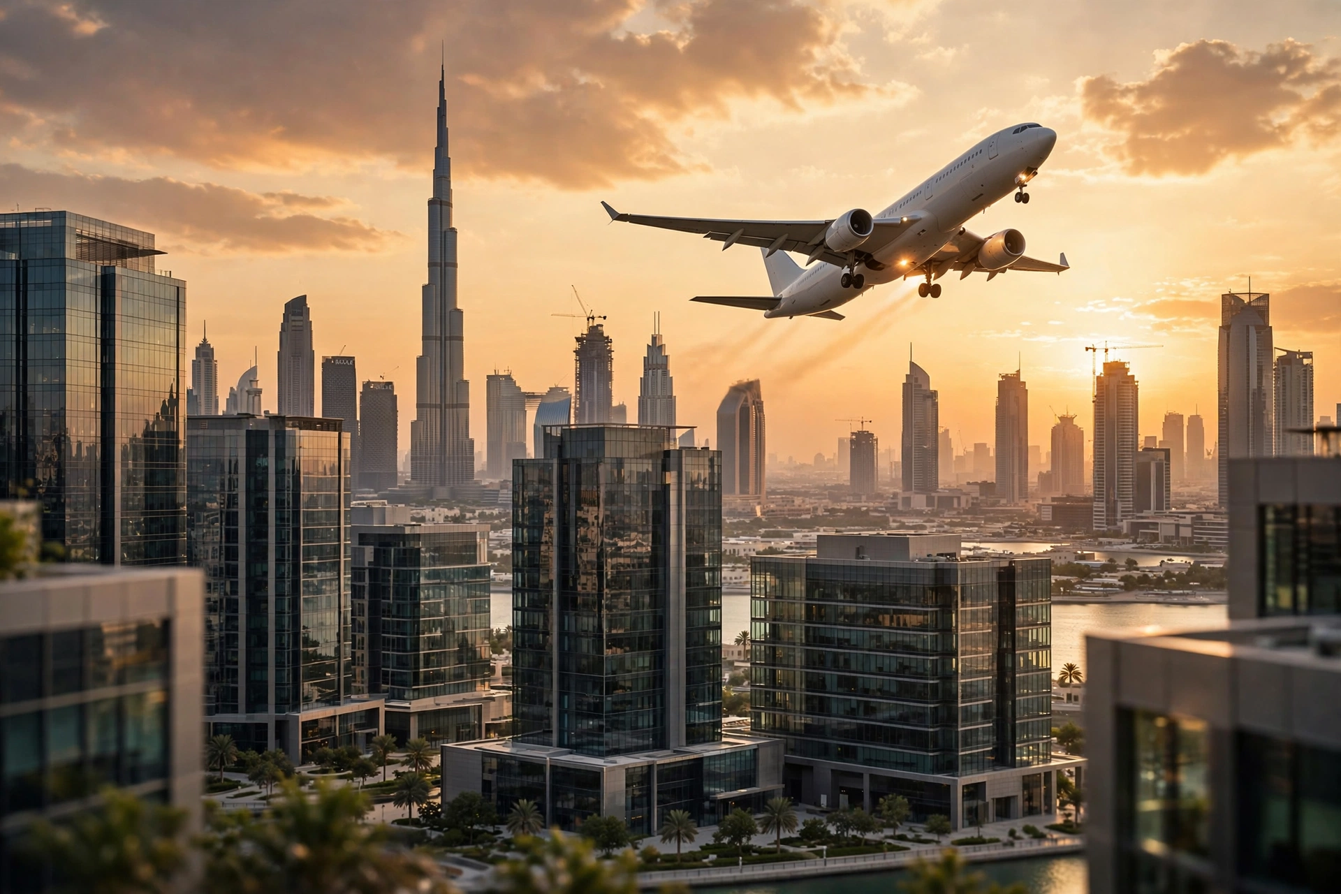 Emirates Cabin Crew Jobs 2026 – Dubai skyline with an airplane taking off at sunset