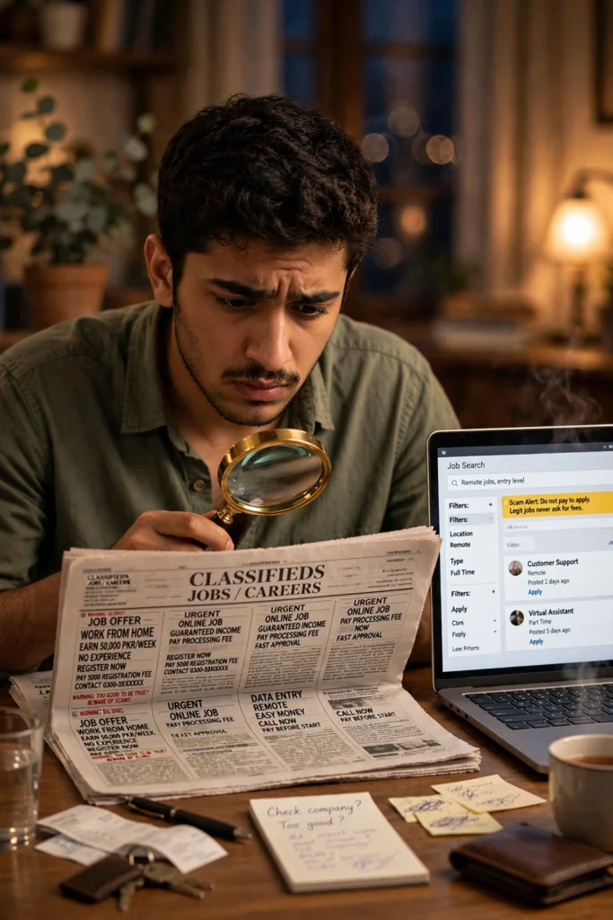Young Pakistani job seeker examining newspaper ads to spot fake jobs in Pakistan recruitment scams