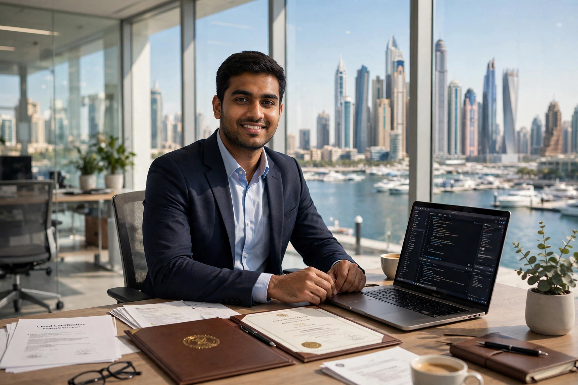 IT certifications in Dubai – IT professional studying for certification in a modern Dubai office