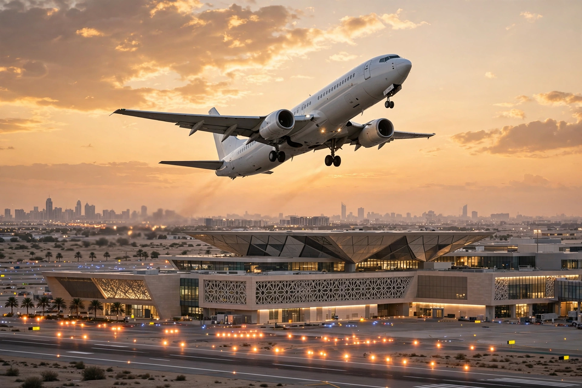Saudi Arabia jobs for Pakistanis 2026 – passenger plane taking off over a Saudi airport at sunset