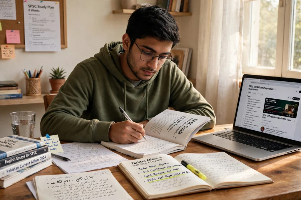 SPSC exam preparation 2026 – student studying with books for the Sindh Public Service Commission exam